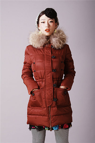 Fur collar Slim Long Moncler Womens Coats 2013 New Style Brown 020